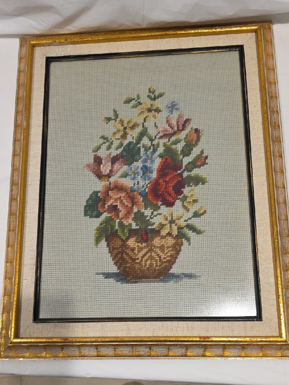 20th Century Vintage Needlepoint Artwork Picture With Mat And Frame